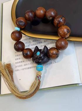 天然雷击木搭配天然松石镶嵌九尾狐手工手绳文玩佛珠时尚配饰品