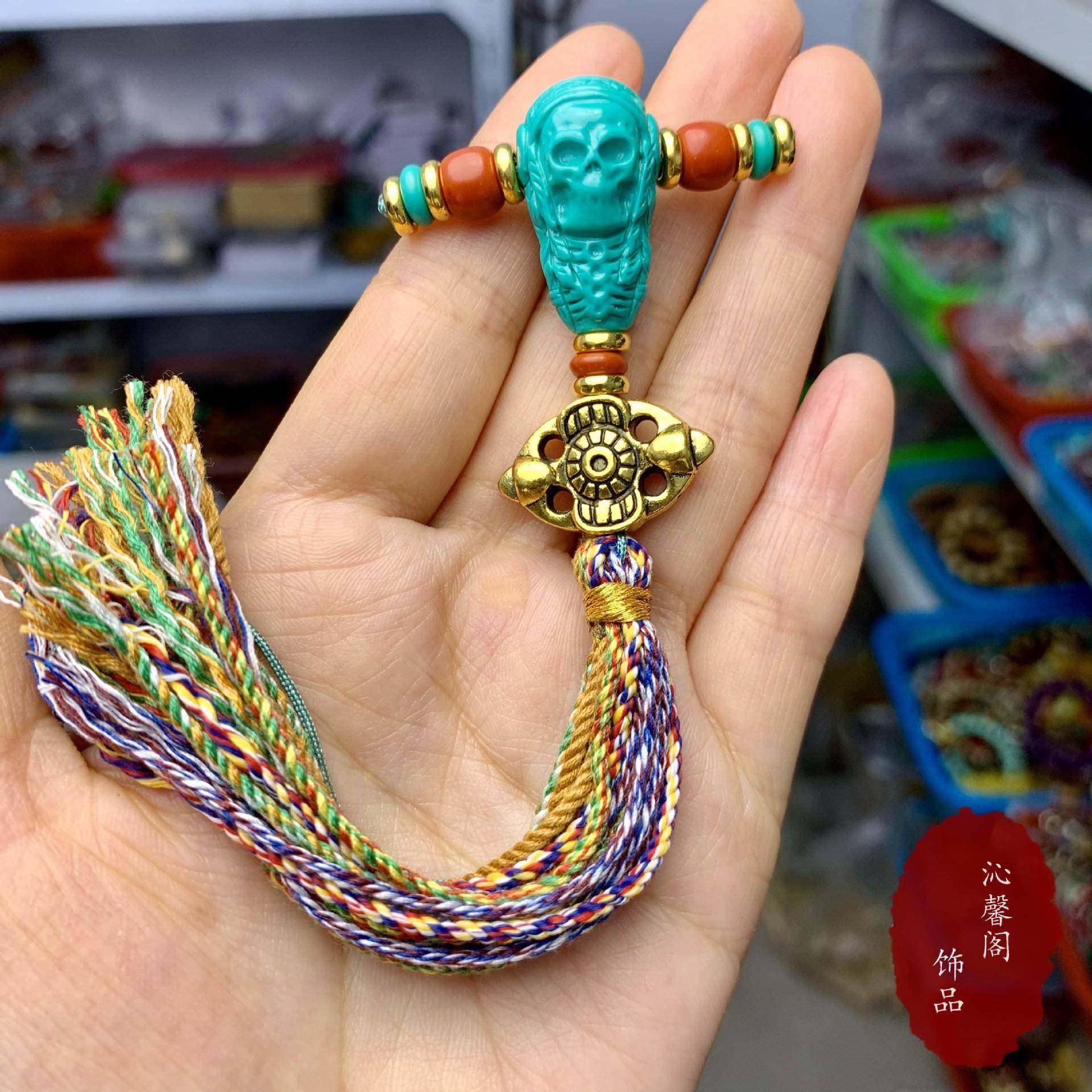 仿蜜蜡松石配饰套装镶嵌三通尼泊尔背云手搓棉绳流苏108佛珠饰品