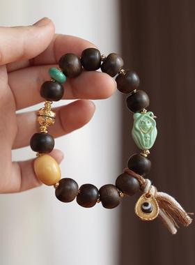 白奇楠桶珠搭配菱镁矿法老猫牛骨桶珠纯铜镶天珠牌手链文玩手串