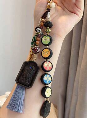 藏式沉香五路财神包挂件挂绳民族风黄财神车挂钥匙扣手机链女