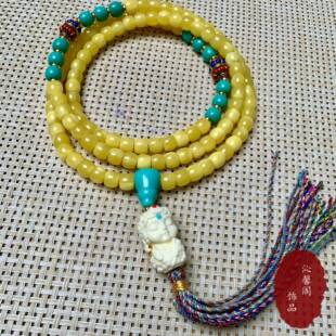 二代蜜蜡108老型佛珠多圈手链毛衣链原创设计手搓棉绳流苏