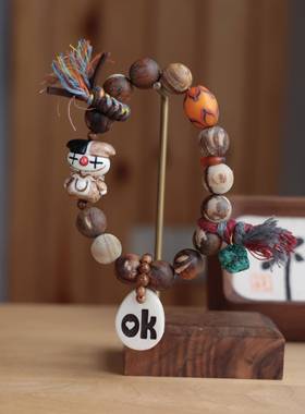 原创设计贡木沉香妖花手链搭配鹿角根付小丑坨骨ok牌琉璃桶珠手串