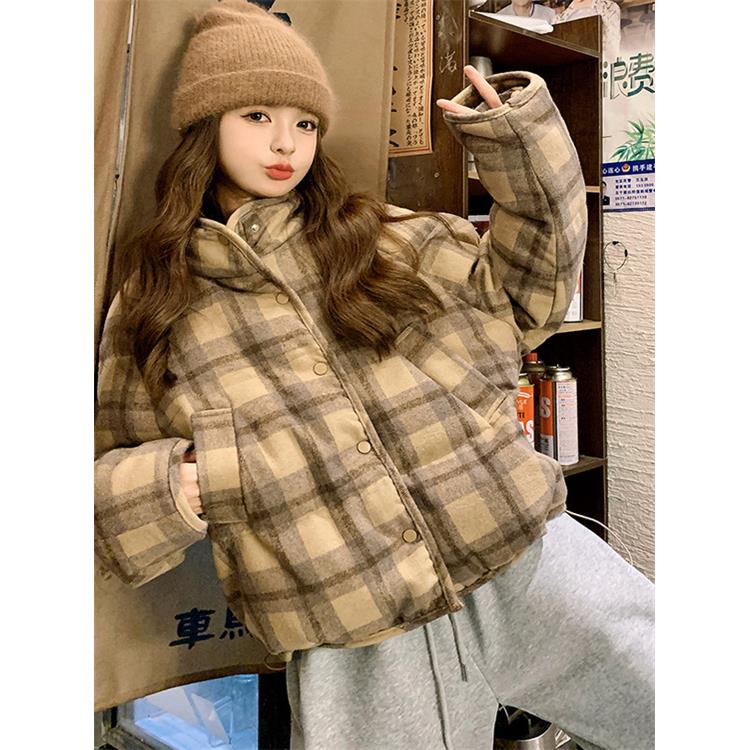 韩系格子短款棉服女冬季2025新款加厚羽绒棉衣小个子面包棉袄外套
