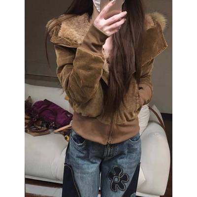 美拉德覆古棕色毛领连帽外套女秋冬季加绒加厚棉服小个子短款棉袄