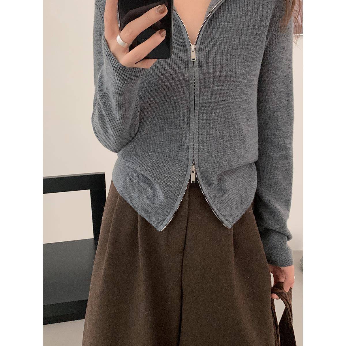 半高领精纺羊毛双拉炼针织开衫女秋冬季韩版百搭外穿毛衣外套