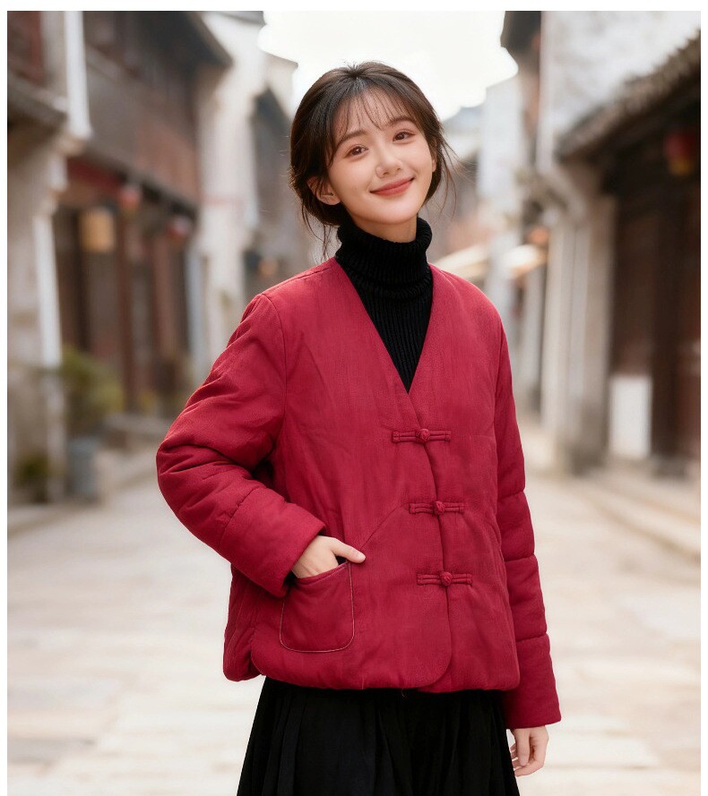新中式盘扣棉衣女冬国风年轻款文艺复古夹棉保暖宽松V领棉服外套