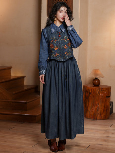 外套搭女半身裙洋气套装 复古重工绣花国风牛仔开衫 新款 2025年春季