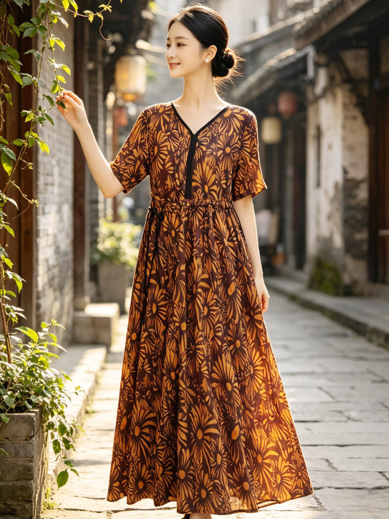 2026夏季新款薄棉V领撞色休闲系带收腰短袖大摆连衣裙女装印花