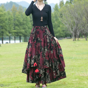 春秋冬棉麻女舞蹈裙子民族风高腰a型不规则印花半身裙长款大摆