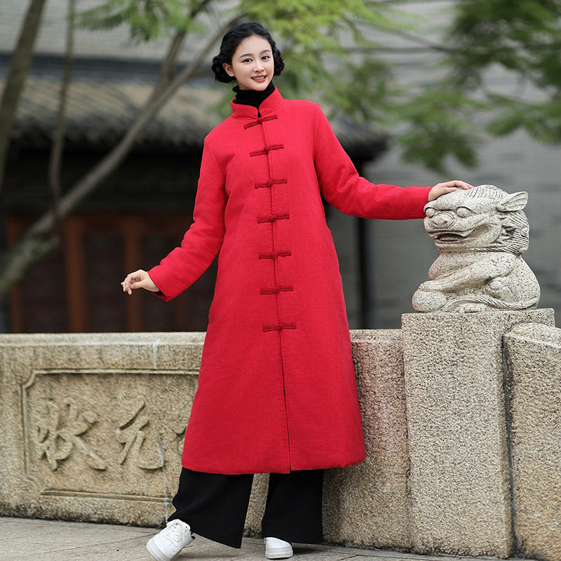 加长款棉衣女秋冬季新款亚麻国风复古盘扣夹棉厚实保暖棉服外套