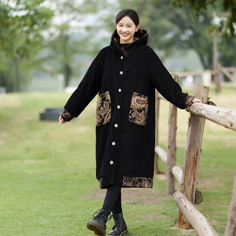 秋冬女装新款民族风中式灯芯绒复古唐装棉袄女中长款拼接棉衣潮