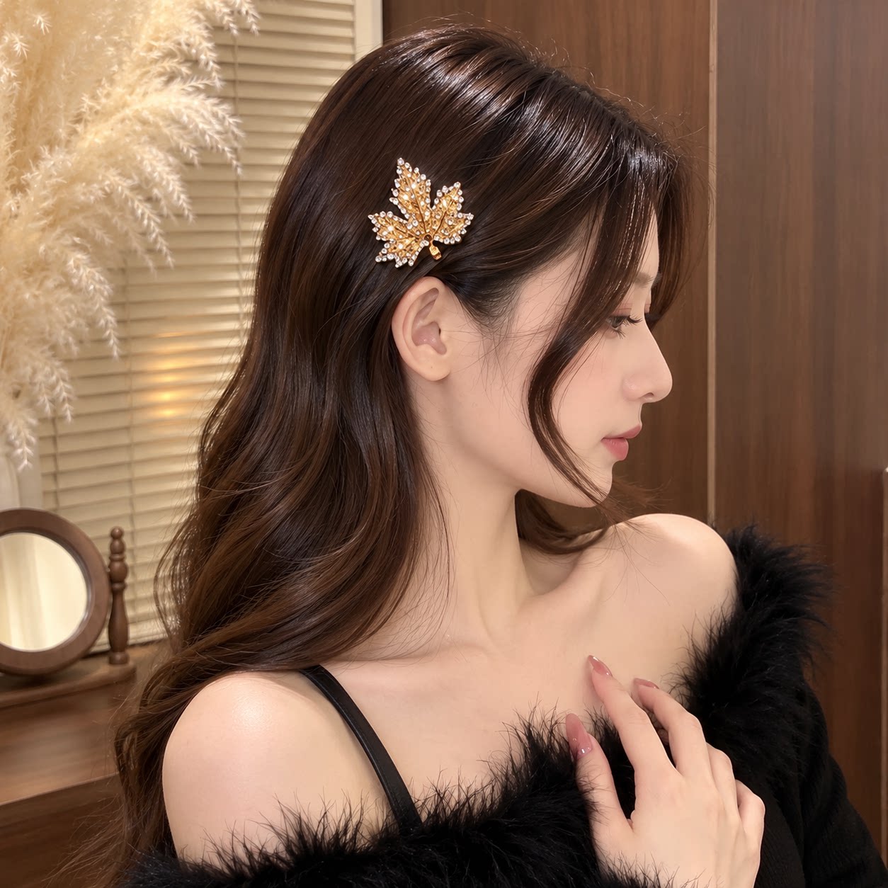 韩版枫叶水钻红色发夹女2026新侧边刘海碎一字鸭嘴夹子头饰