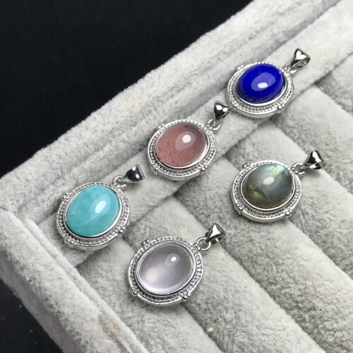A065天然天河石/粉水晶拉长等吊坠白铜托10*12mm非纯银吊坠YX成品