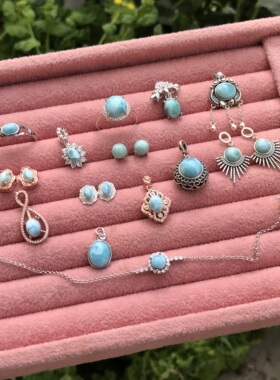 #s925银新品天然海纹石拉利玛镶嵌成品戒指/吊坠/耳钉耳钩/手链