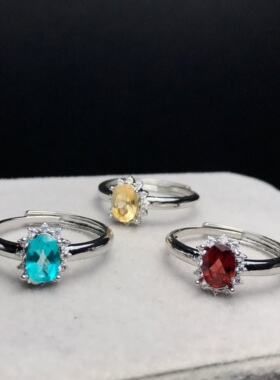 A054天然黄水晶/石榴石刻面戒指可调节白铜托5*7非纯银戒指ZC成品