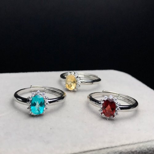 A054天然黄水晶/石榴石刻面戒指可调节白铜托5*7非纯银戒指ZC成品