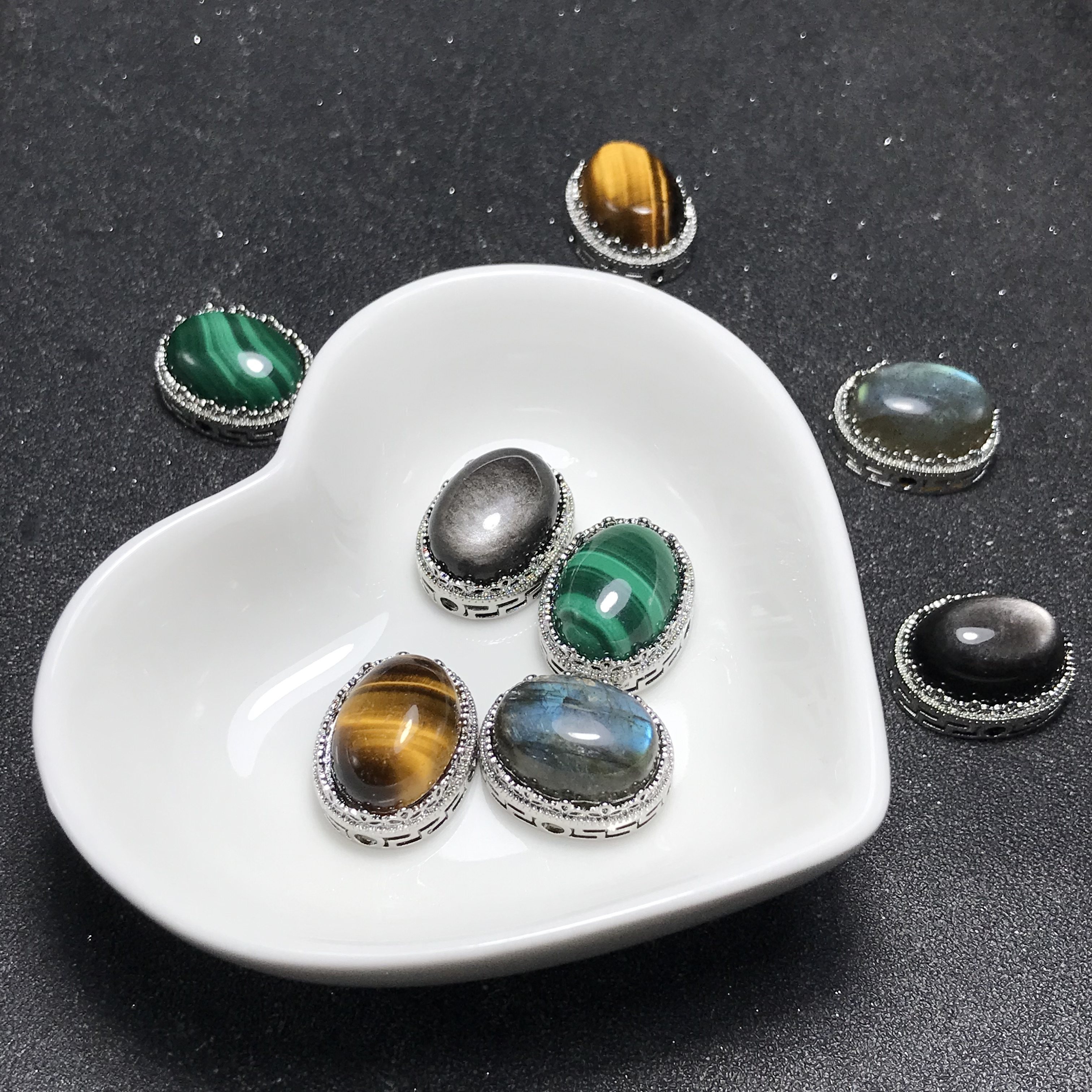 A053天然孔雀石/虎眼石魔盒白铜托主石圆12*16mm非纯银可穿手链