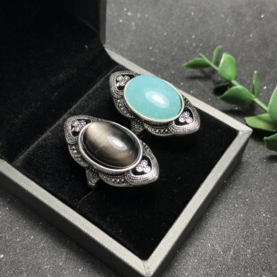 A051天然天河石银曜石戒指可调节白铜托13*18mm非纯银戒指YX成品