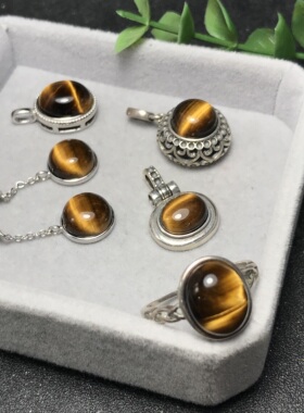 #s925银新品天然虎眼石裸石闪电纹镶嵌成品戒指吊坠耳钉手链