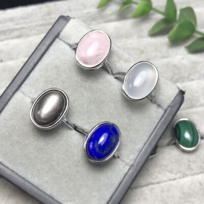 A080天然粉晶玉髓10*14宝石戒指活口可调节白铜托非纯银托ZC成品