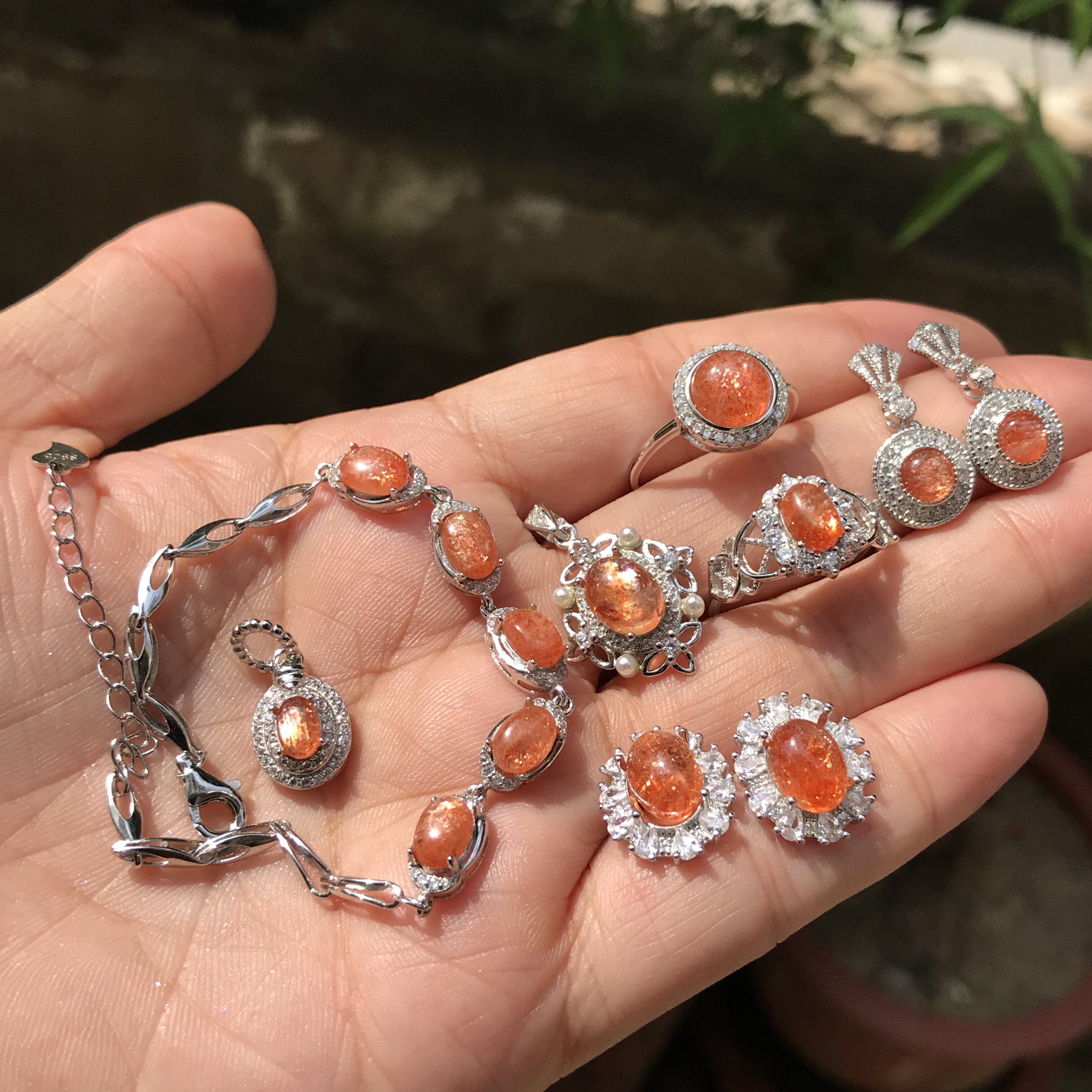 #s925银新品天然金草莓晶闪光云母蛋面镶嵌成品戒指吊坠耳钉手链