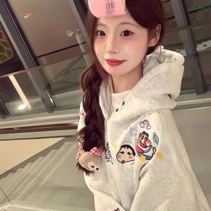 美式复古蜡笔小新卫衣女秋冬加绒加厚连帽小个子2025新款爆款外套