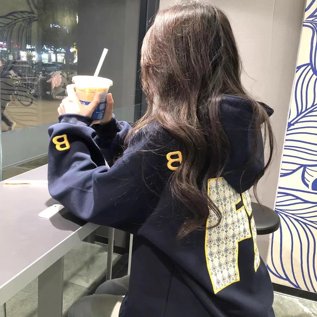 秋冬美式oversize贴布刺绣字母连帽卫衣女加绒加厚国潮牌情侣外套