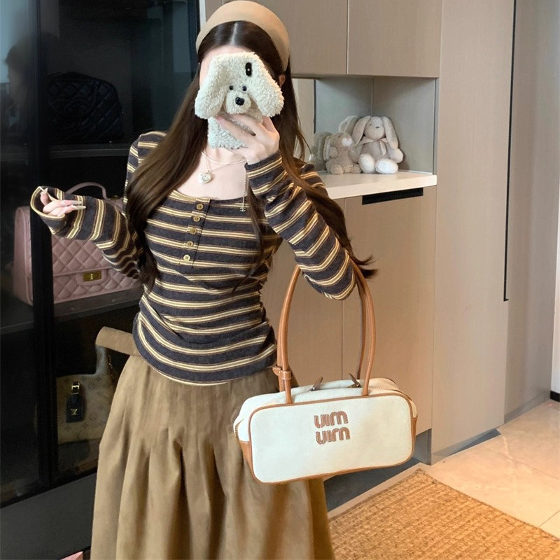kumikumi辣妹风撞色条纹长袖T恤女装秋季复古chic显瘦打底衫上衣