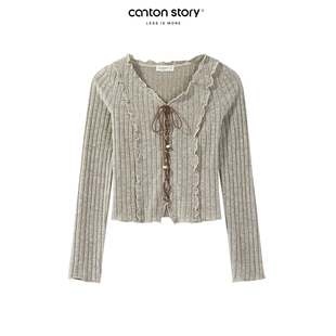 羊城故事 美式复古绑带长袖针织衫女早秋设计感修身显瘦甜美上衣