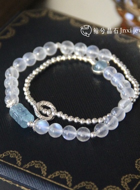 天然海蓝宝水晶925纯银双圈手链