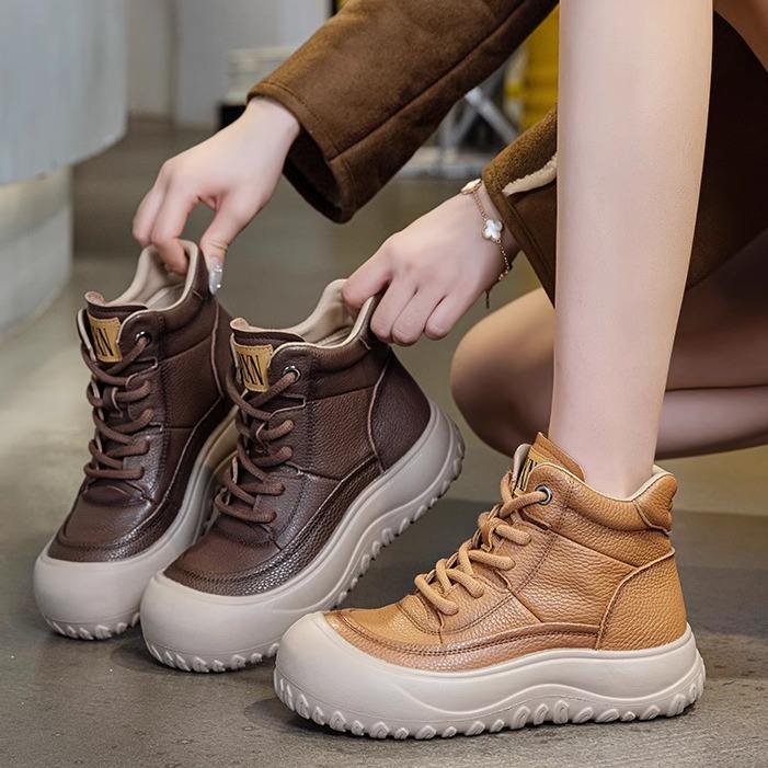 头层牛皮高帮鞋女2025秋季新款厚底百搭复古风休闲真皮舒适马丁靴