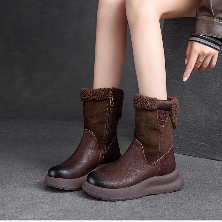 真皮雪地靴女2025新款百搭厚底棉鞋加绒加厚保暖中筒靴子马丁短靴