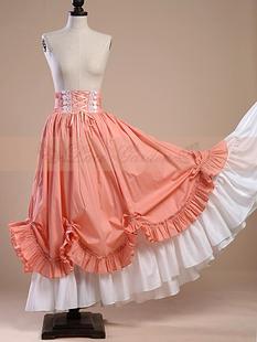 宫廷高腰长款 复古法式 GARDEN 玫红色大摆裙高腰荷叶边裙 LACE