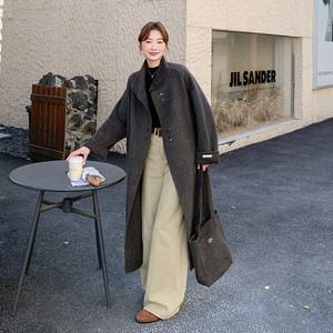 灰色立领双面羊毛大衣女2025年冬季新款高级感中长款过膝毛呢外套图片