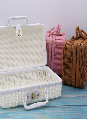 仿藤编白色复古手提箱伴手礼品箱储物收纳箱化妆品桌面整理收纳箱