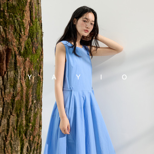 YAYIO【简奢日常】夏季新品A型蓝色绑带简奢圆领收腰长款连衣裙