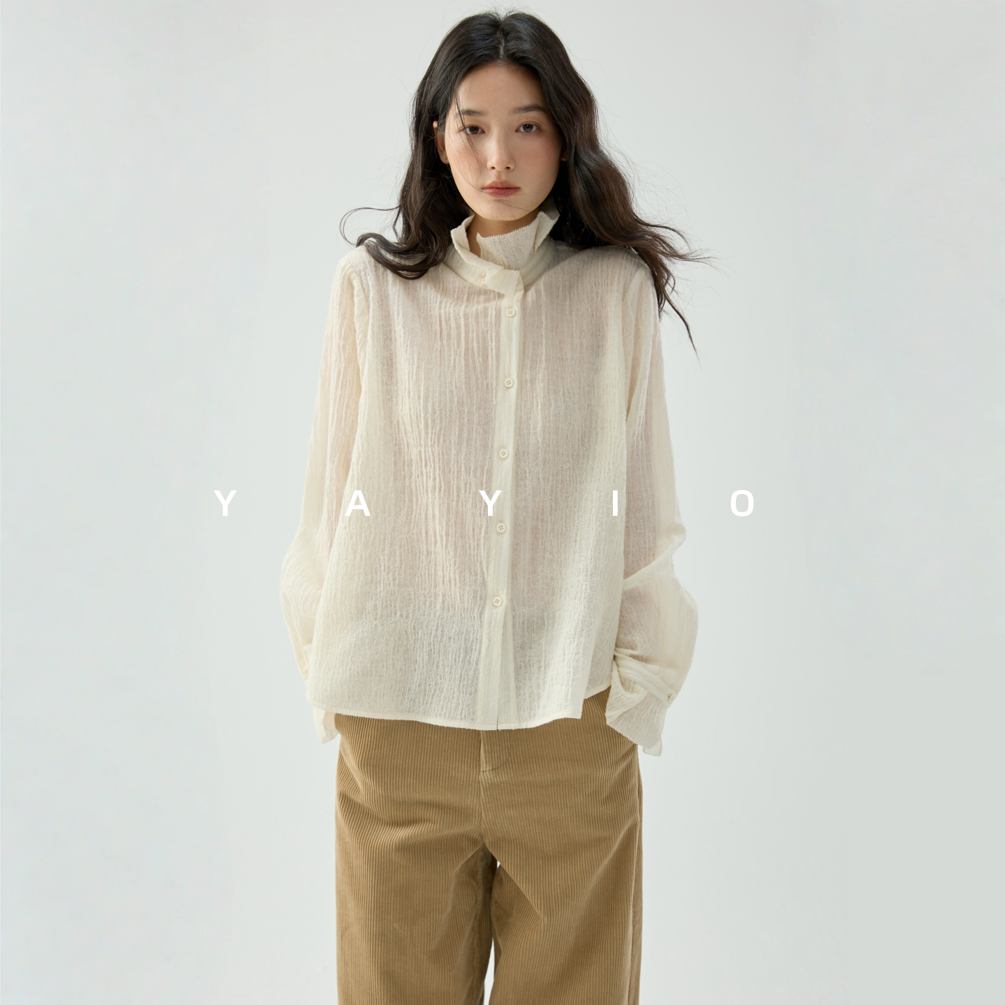 YAYIO 【亲肤羊毛】纸感褶皱温暖百搭衬衫文艺立领木耳边上衣