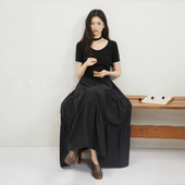 新款 YAYIO 夏季 大U领拼接黑色连衣裙女2025优雅贵气设计感长裙