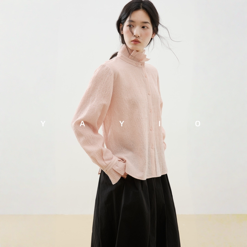 YAYIO 【干洗上衣】纸感褶皱温暖百搭衬衫文艺立领木耳边上衣