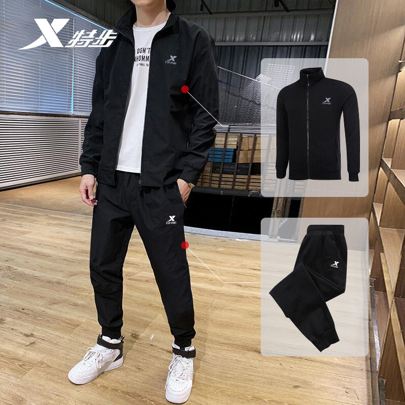 XTEP 스포츠 정장 남성 가을 겨울 의류 새로운 카디건 스탠드 칼라 자켓 러닝 바지 투피스 캐주얼웨어 남성용