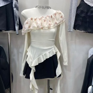 欧美跨境甜美飘带小花荷叶边不规则上衣女夏季新款时尚百搭