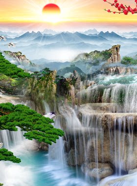 自然流水生财玄关背景墙贴画海报