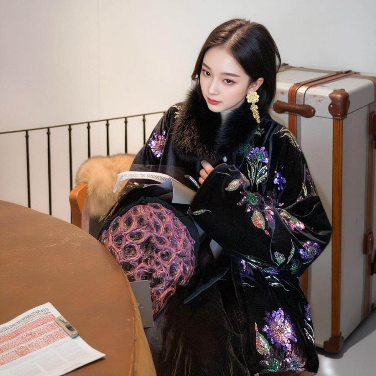 MOSS【浮生若梦】国风新中式90白鸭绒丝绒米兰狐羽绒服女