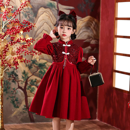 女童中国风公主裙红色旗袍连衣裙