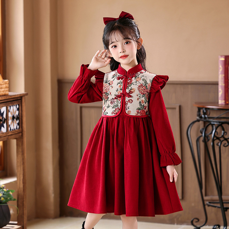 女童连衣裙秋冬中国风红色旗袍裙