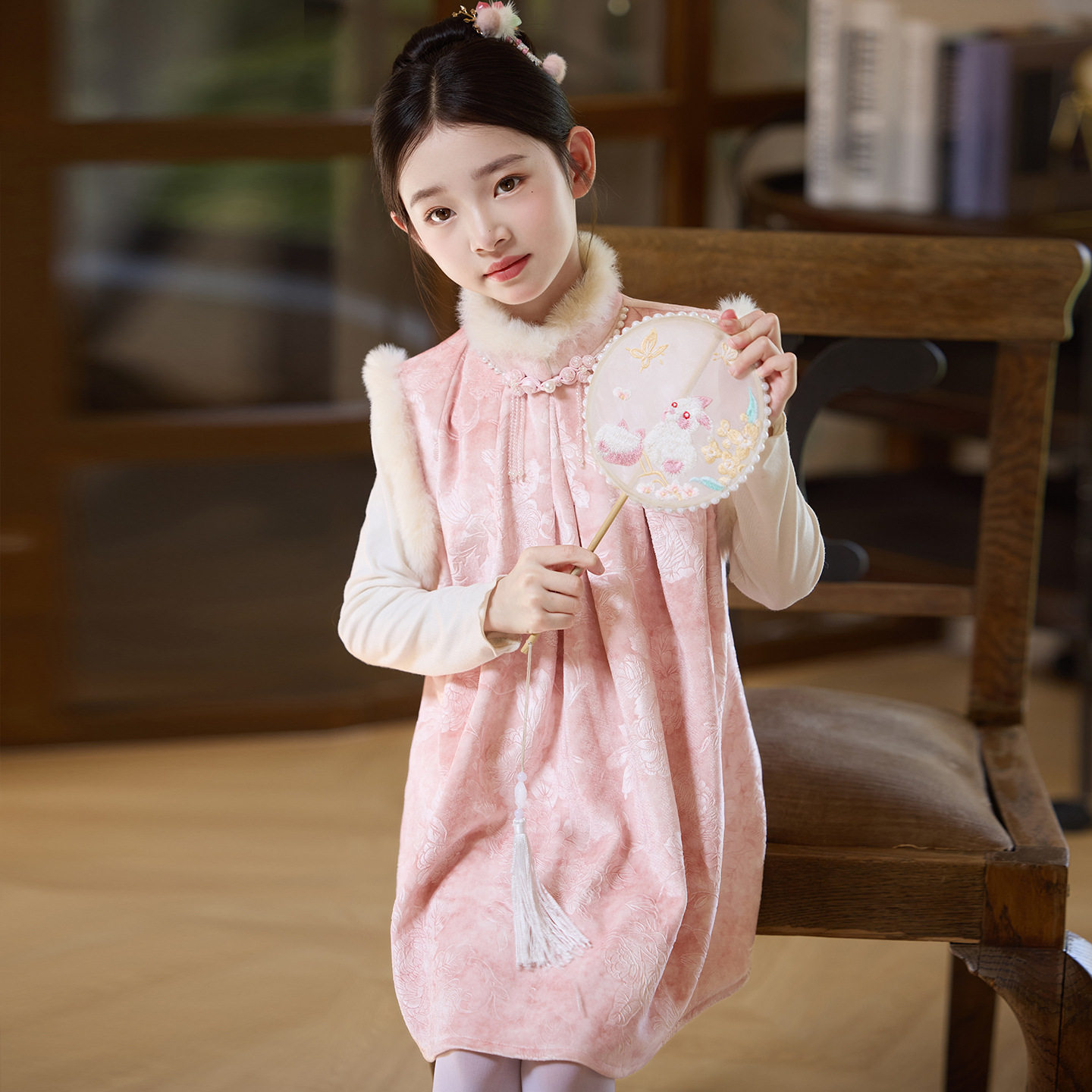 女童中式旗袍公主裙子儿童粉色无袖马甲背心裙加厚国风连衣裙冬季