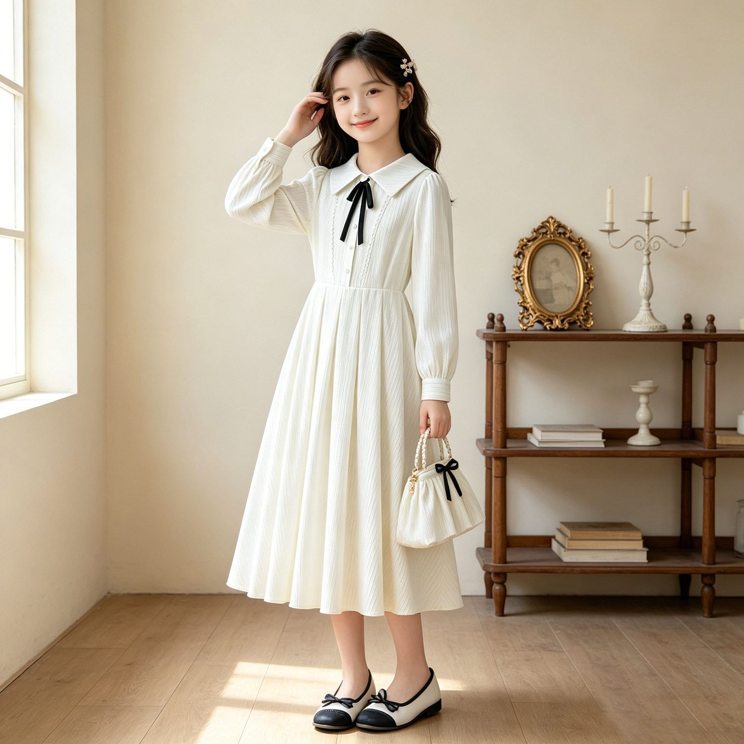 中大童女孩时尚学院风白色长袖翻领衬衫连衣裙女童装春秋款长裙子
