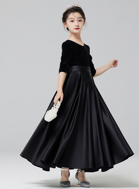 洋气女童黑色礼服长裙子小女孩公主连衣裙儿童走秀钢琴表演出服装