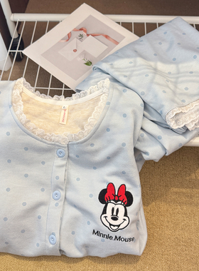 蓝色圆点可爱米妮睡衣女秋冬季羊绒保暖带胸垫花边开衫家居服套装