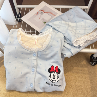 蓝色圆点可爱米妮睡衣女秋冬季羊绒保暖带胸垫花边开衫家居服套装